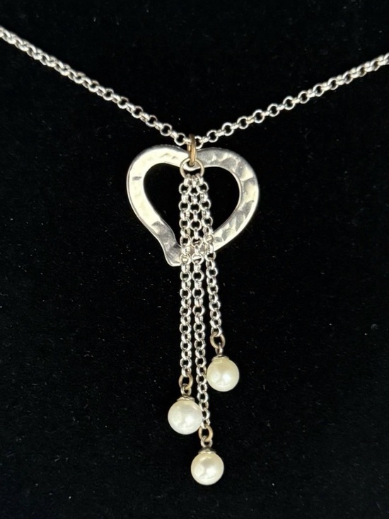 Vantel Pearls Jewelry - Hammered Heart w 3 Pearls Statement Pendant and Necklace